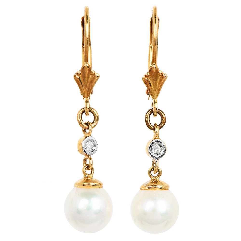 7mm Pearl and Diamond Drop Earrings in Yellow Gold with Lever Backs