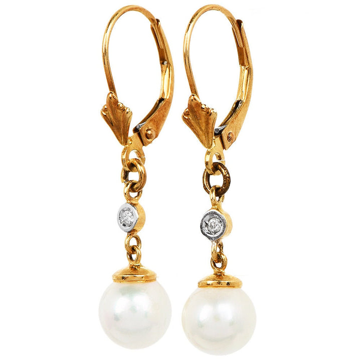 7mm Pearl and Diamond Drop Earrings in Yellow Gold with Lever Backs