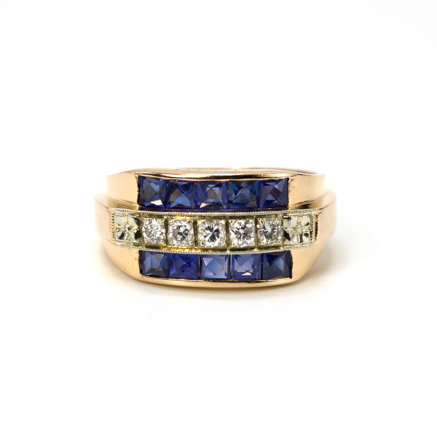 Retro Three Row Diamond and French Cut Sapphire Yellow Gold Ring