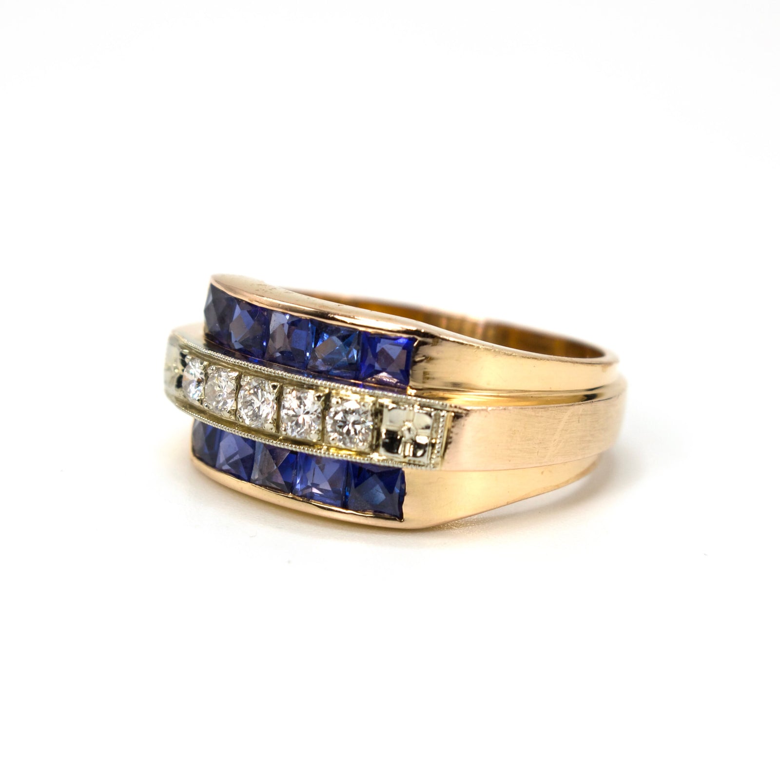Retro Three Row Diamond and French Cut Sapphire Yellow Gold Ring