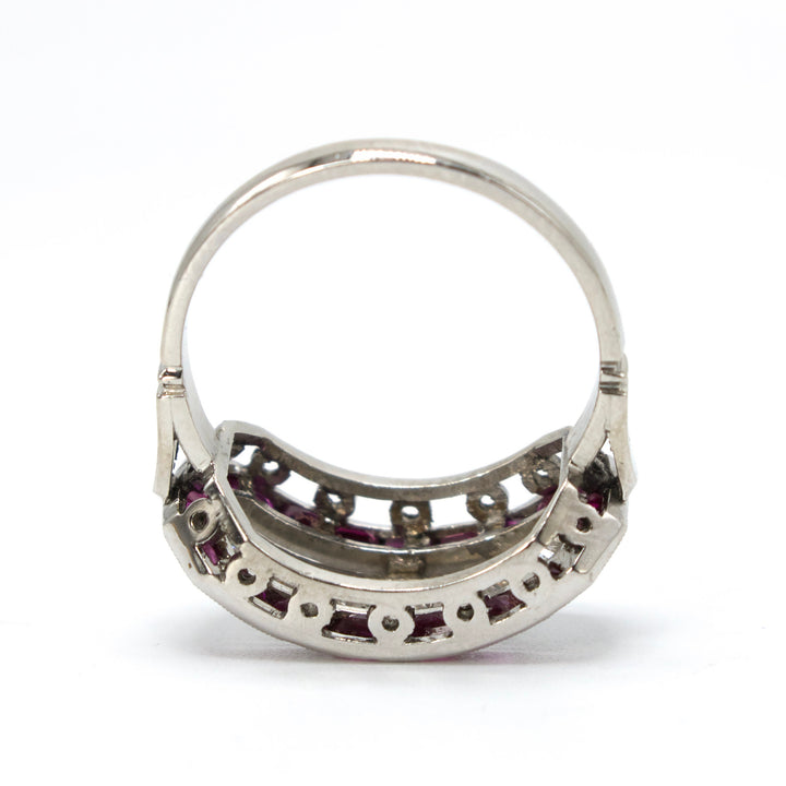 Art Deco Five Diamond Ring with Calibre Cut Ruby Surround in Platinum