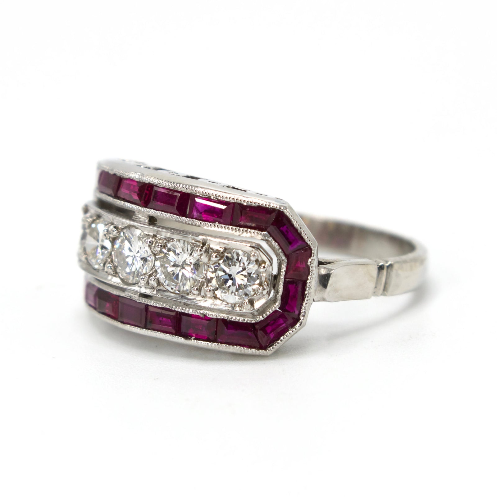 Art Deco Five Diamond Ring with Calibre Cut Ruby Surround in Platinum
