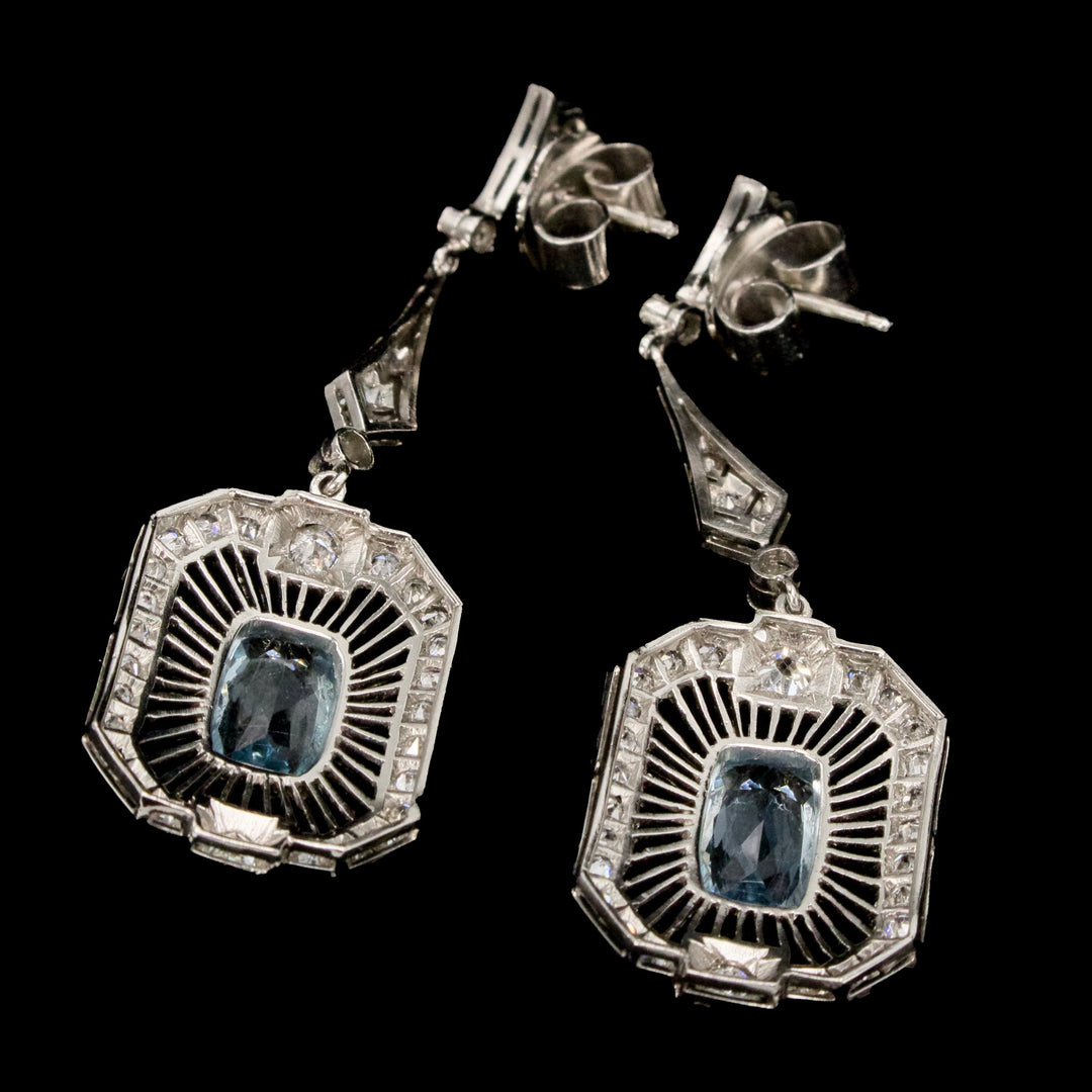 Antique Art Deco Aquamarine and Diamond Filigree Platinum Drop Earrings