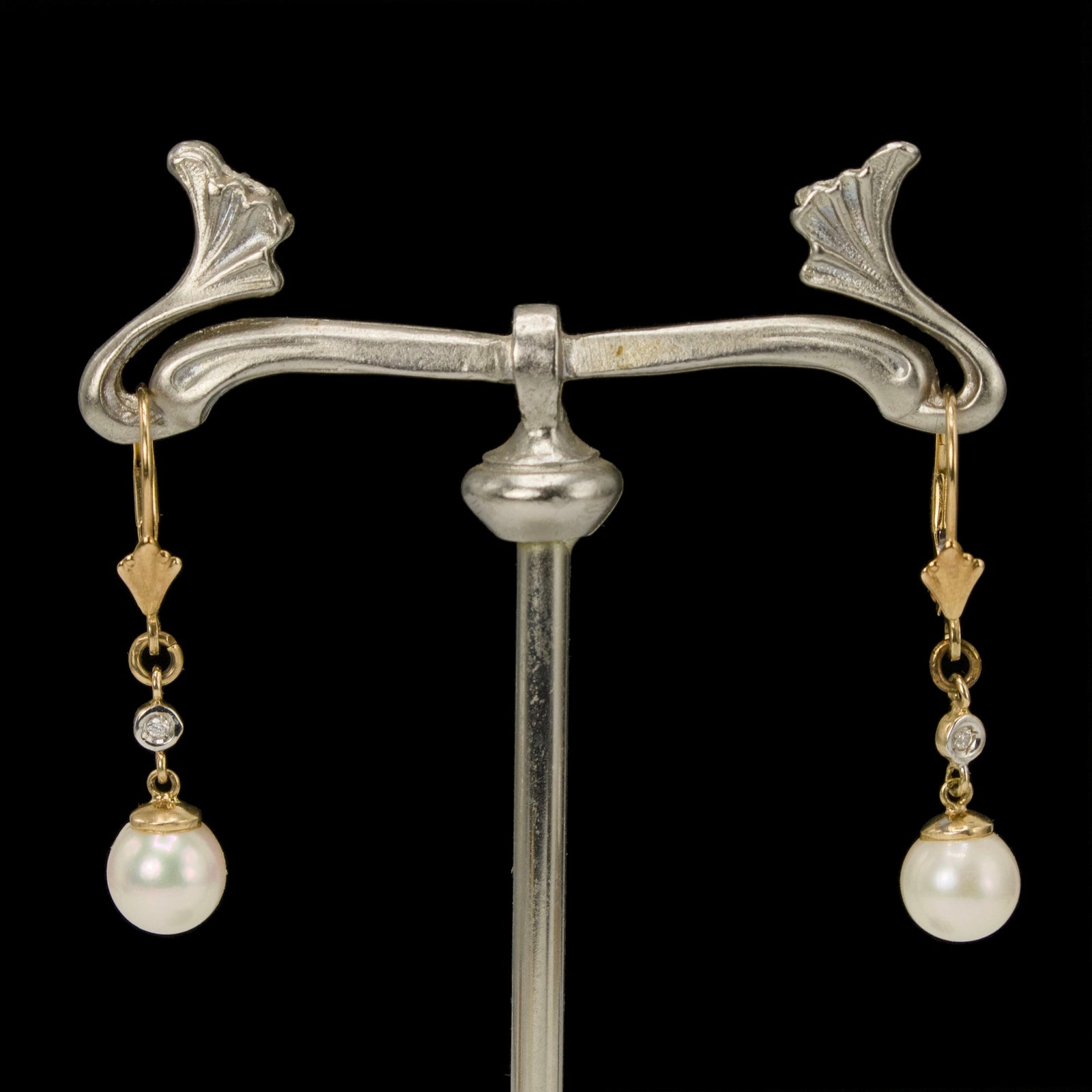 7mm Pearl and Diamond Drop Earrings in Yellow Gold with Lever Backs