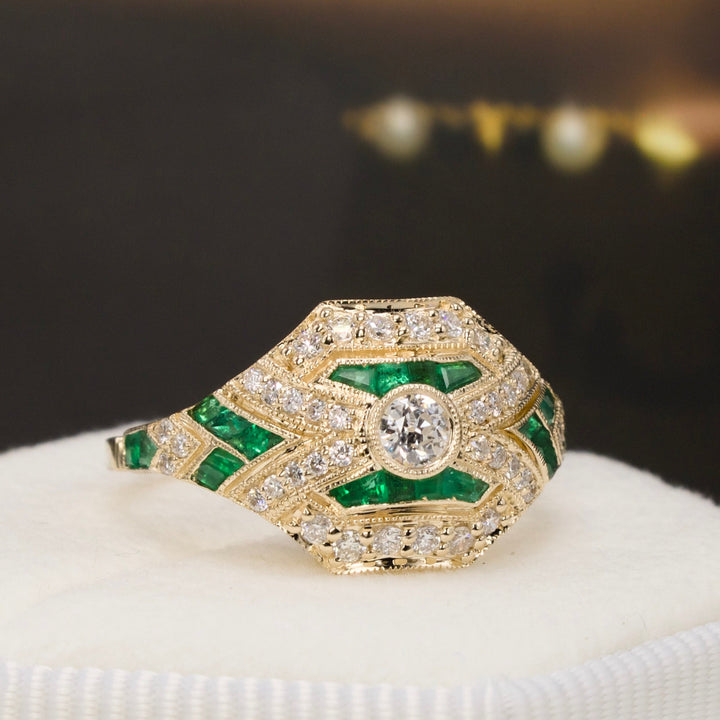 14K Yellow Gold Diamond and Emerald Art Deco Style Engagement Ring