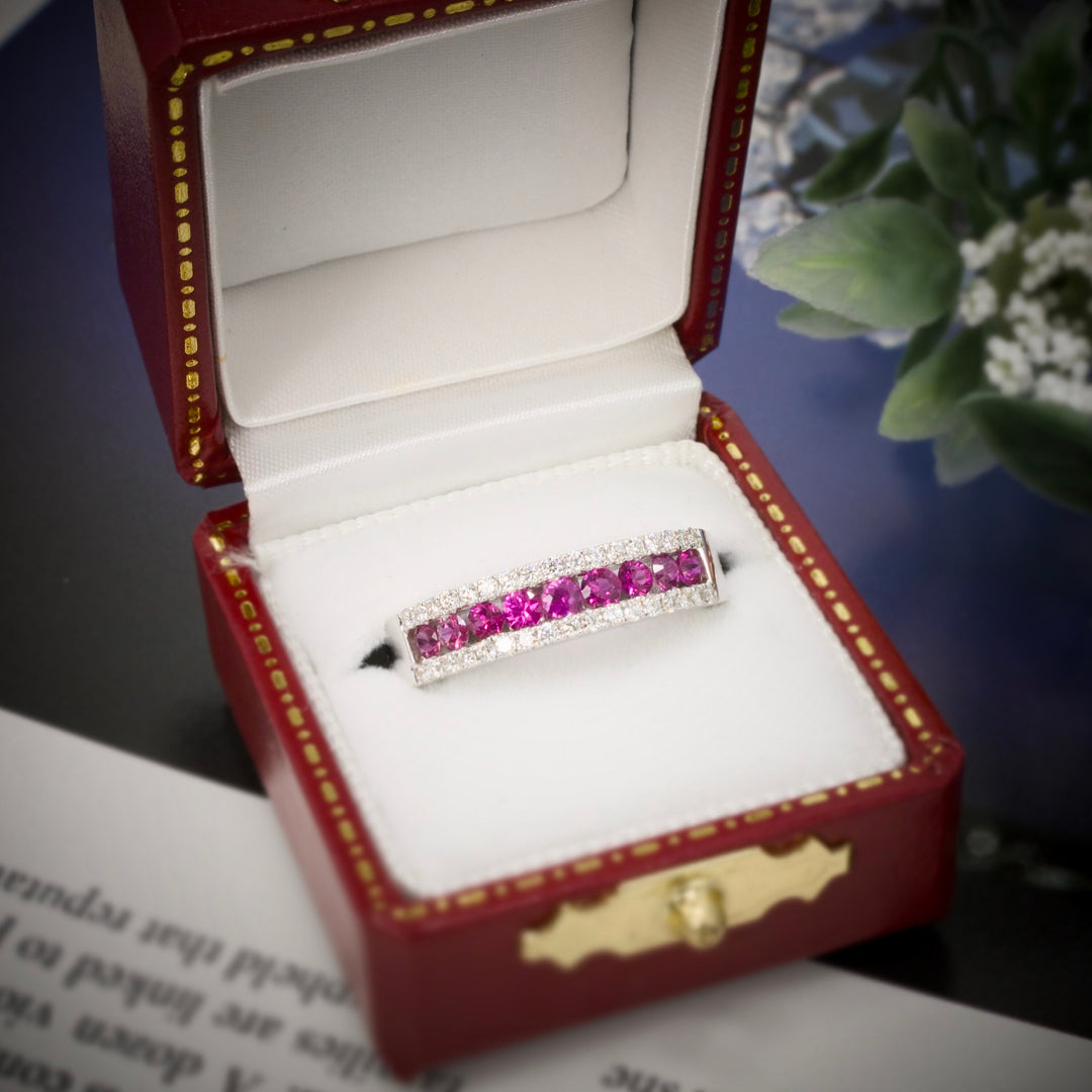 Wide Pink Sapphire and Diamond Band in 14K White Gold