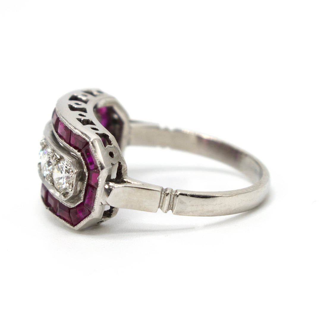 Art Deco Five Diamond Ring with Calibre Cut Ruby Surround in Platinum