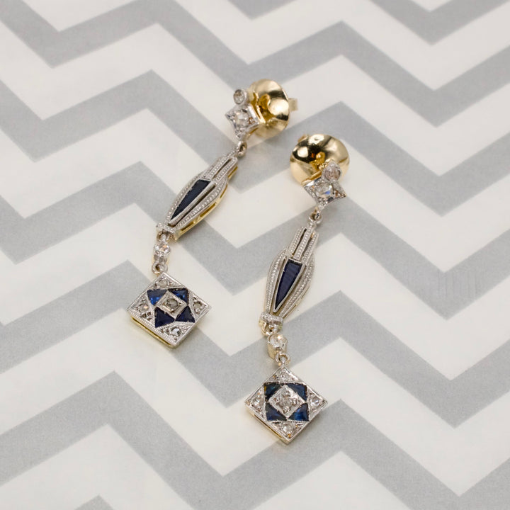 Art Deco Rose Cut Diamond and Triangular Sapphire Kite Pendant Earrings