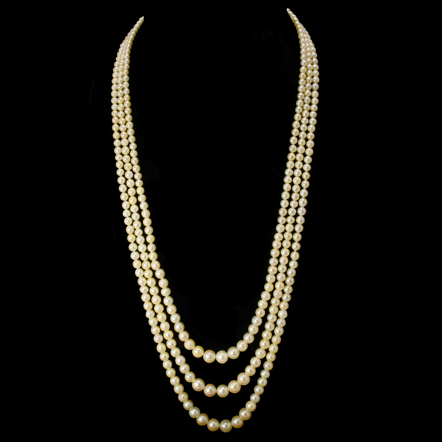 Triple Strand of Graduated Cream Colored Akoya Pearls with 14K White Gold Clasp