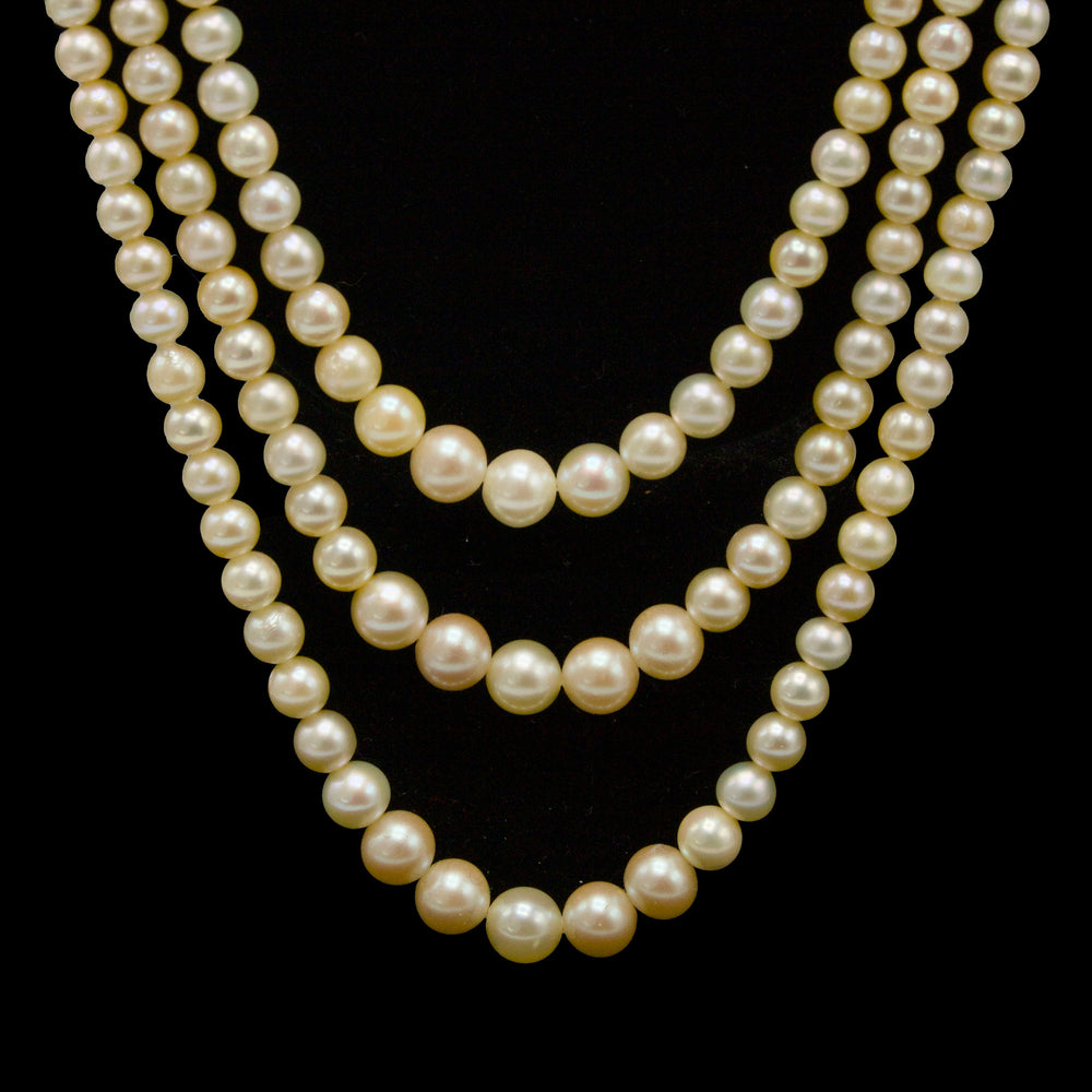 Triple Strand of Graduated Cream Colored Akoya Pearls with 14K White Gold Clasp