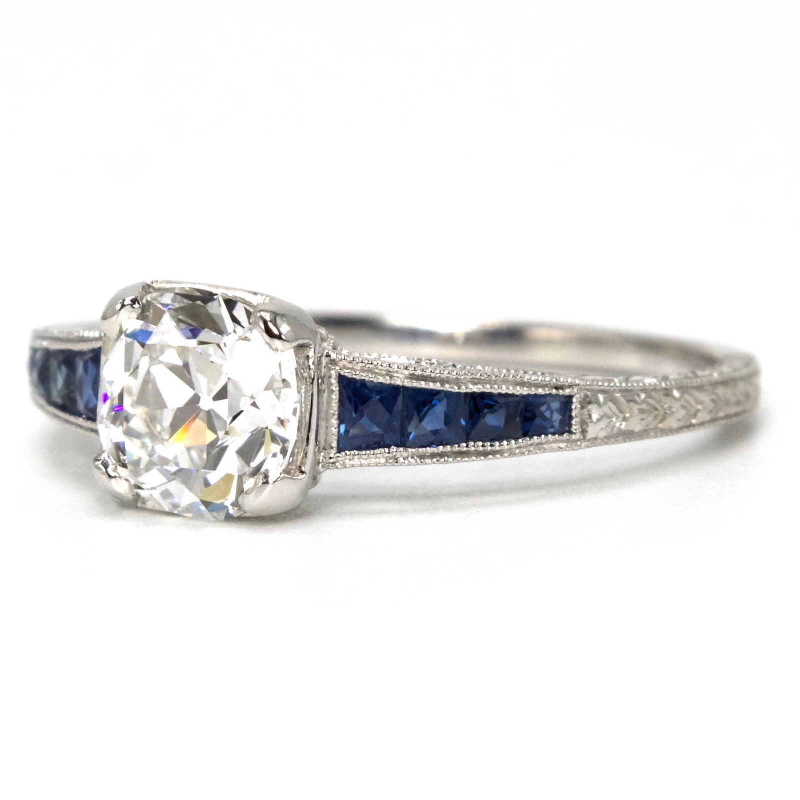 Old Mine Cut Lab Grown Diamond in Art Deco Style Mounting with Calibre Cut Sapphires