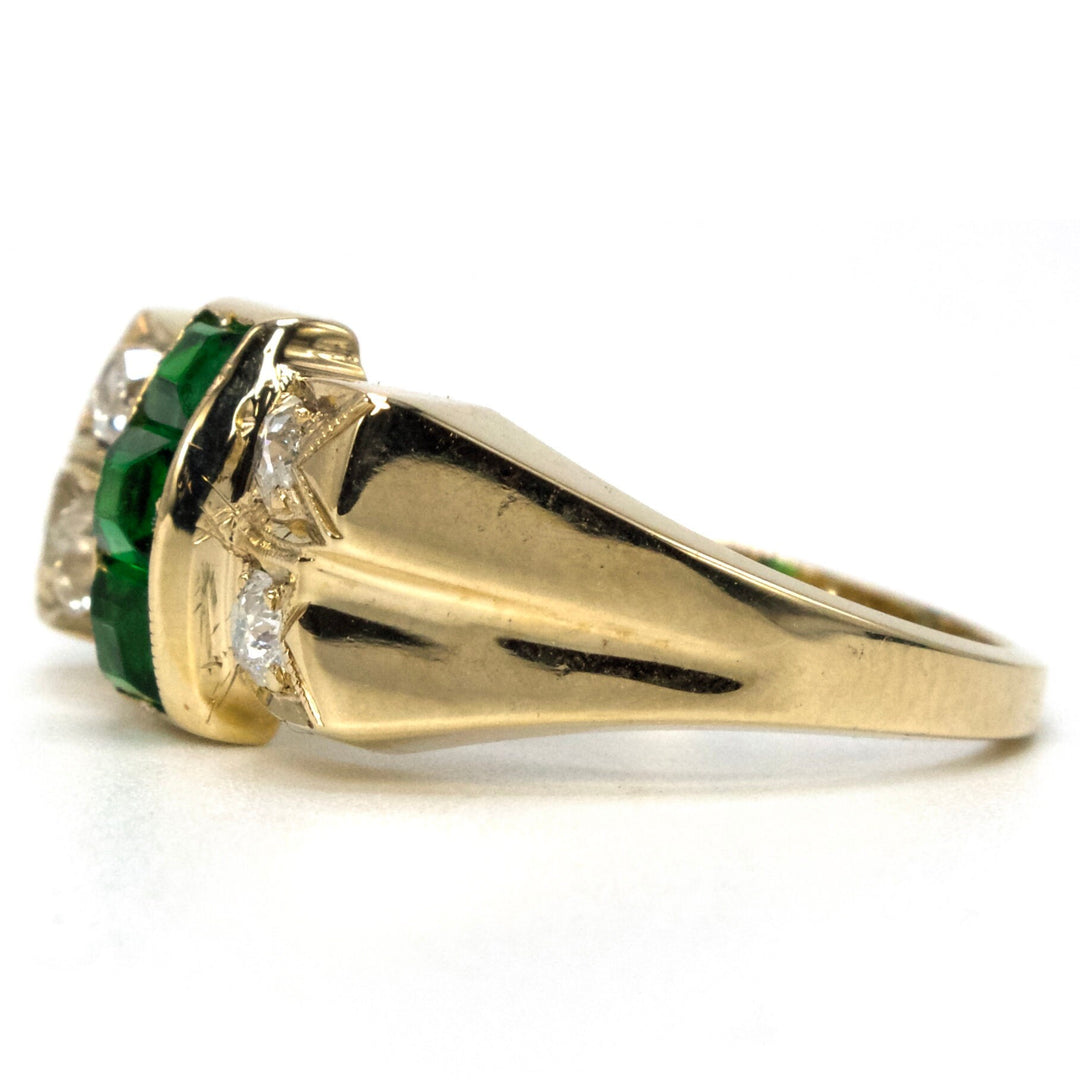 Retro (ca. 1944) Yellow Gold, European Cut Diamond, and Emerald Ring