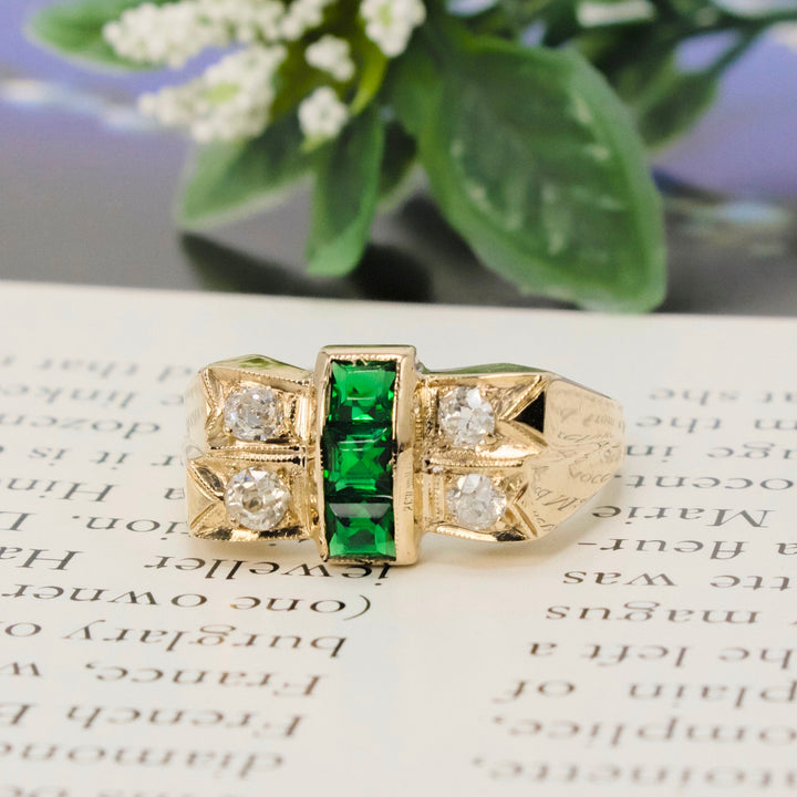 Retro (ca. 1944) Yellow Gold, European Cut Diamond, and Emerald Ring