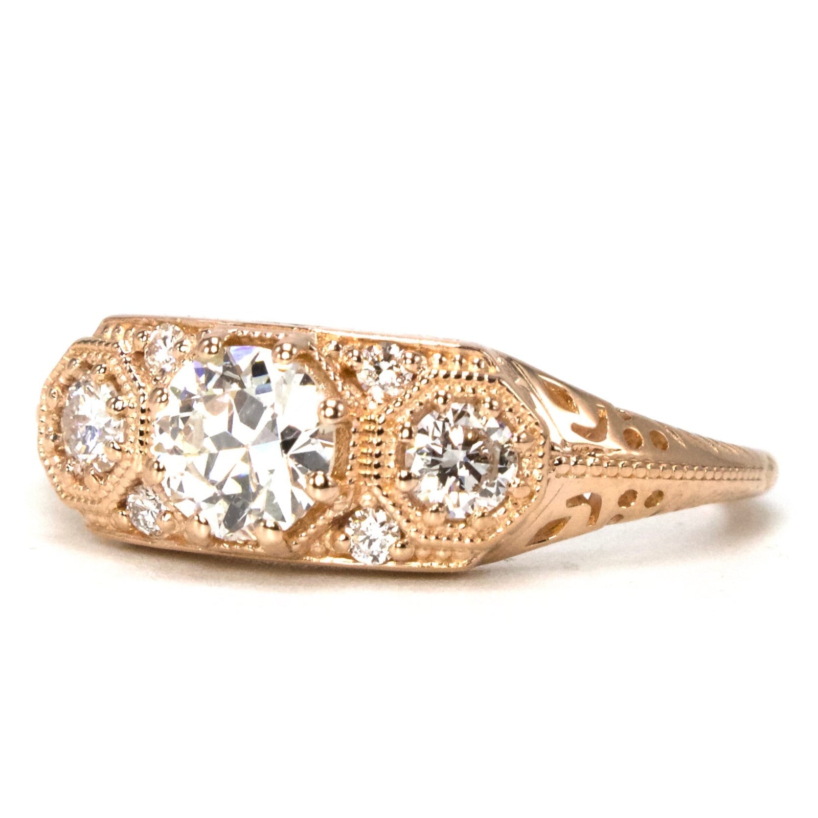 Edwardian Inspired Three Stone Diamond Ring in Rose Gold