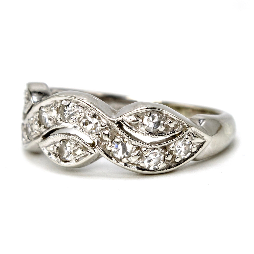 Estate 14K White Gold and Single Cut Diamond Woven Band