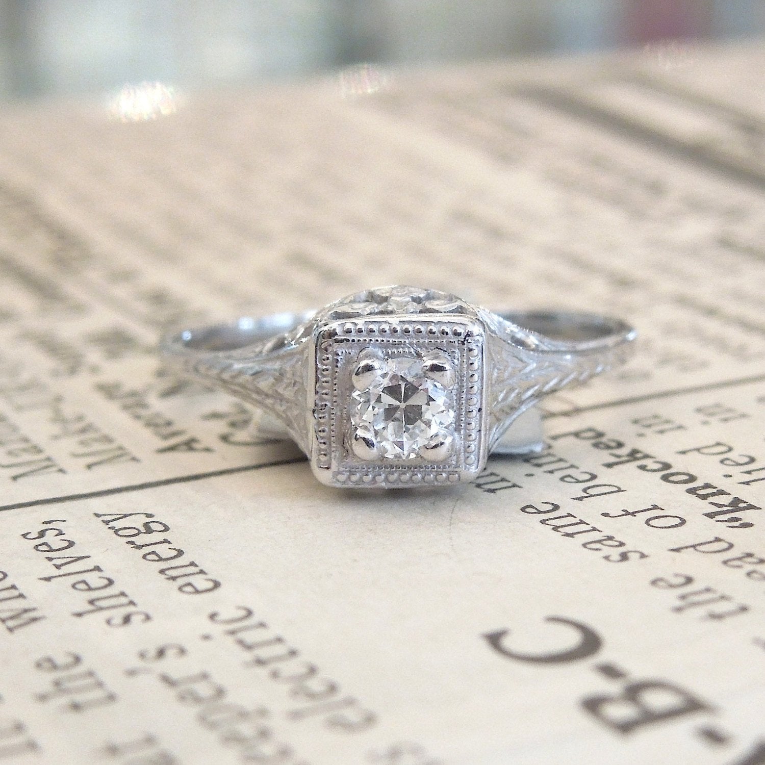 Art Deco Diamond  Filigree Ring with Old Cut Stone