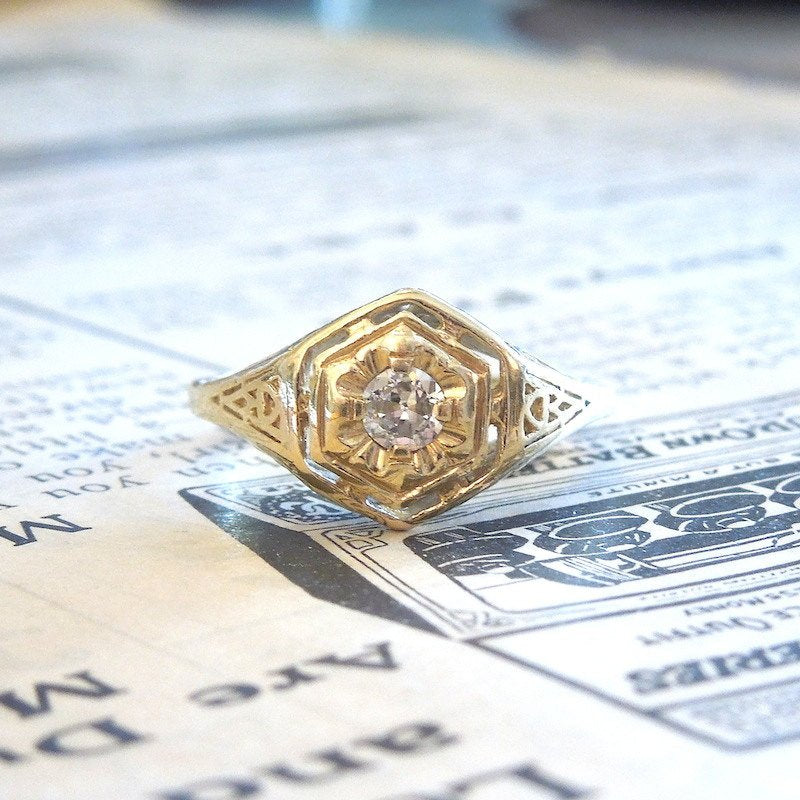 Quarter Carat Diamond in Art Deco Filigree Yellow Gold