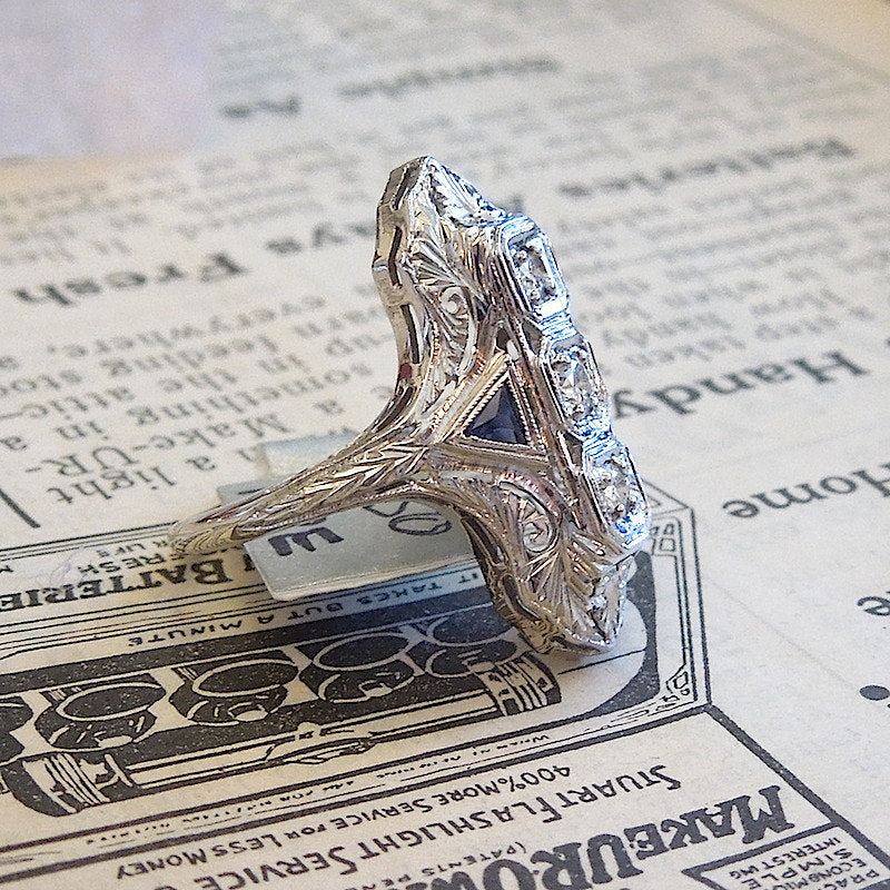 Art Deco - 18K White Gold - Half a Carat Diamond and Sapphire Navette Engagement Ring
