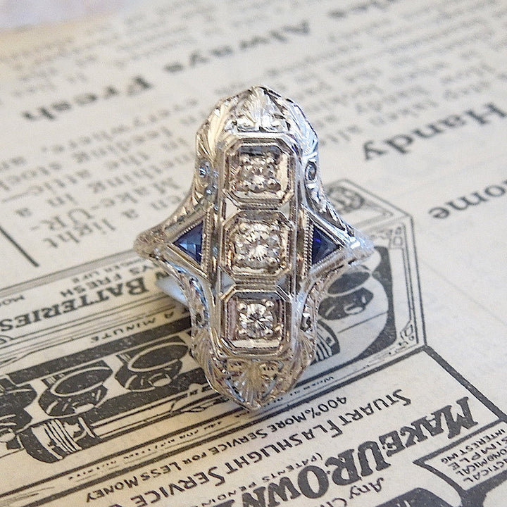 Art Deco - 18K White Gold - Half a Carat Diamond and Sapphire Navette Engagement Ring