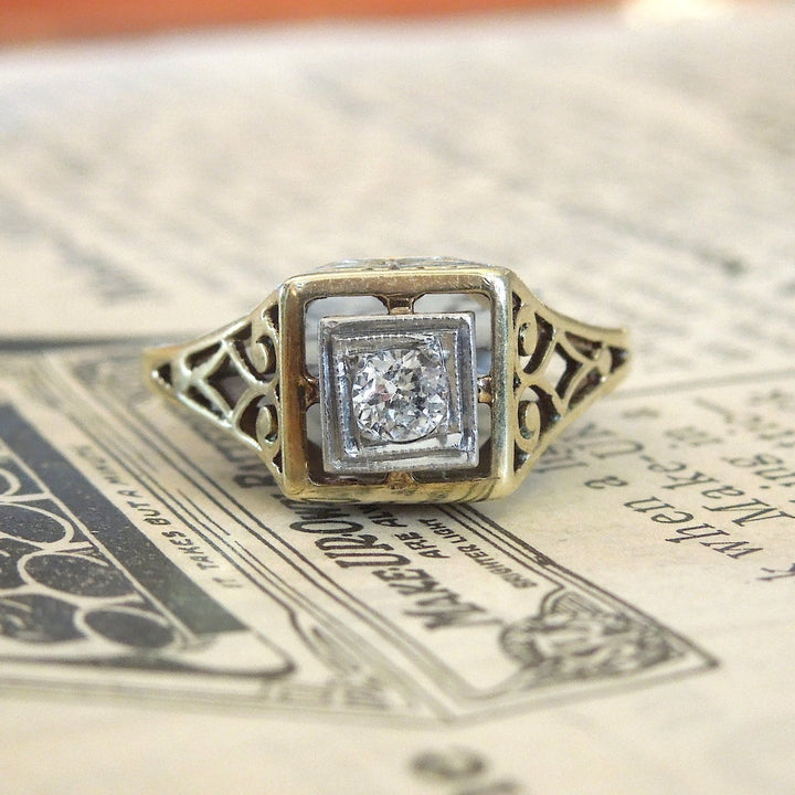 14K Yellow Gold and Platinum Diamond Filigree Engagement Ring