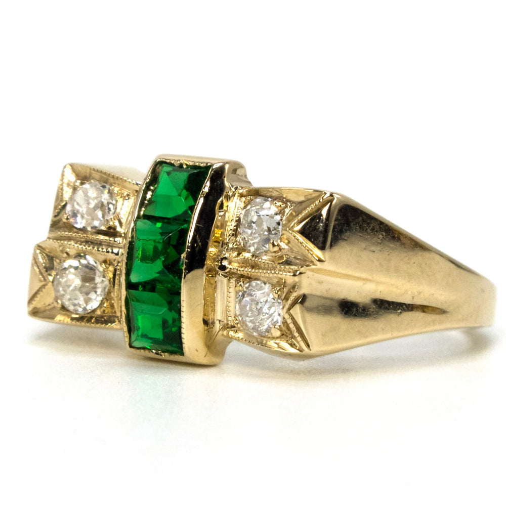 Retro (ca. 1944) Yellow Gold, European Cut Diamond, and Emerald Ring