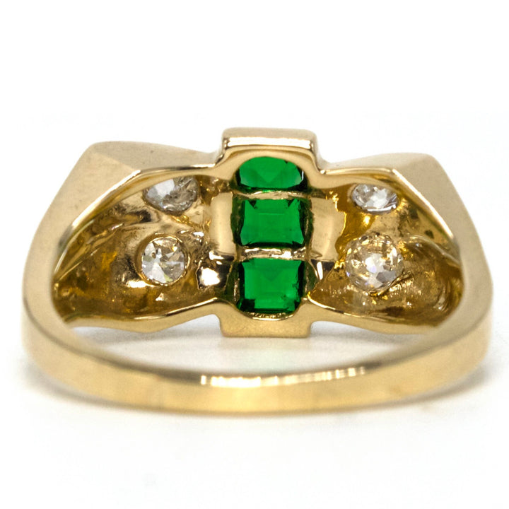 Retro (ca. 1944) Yellow Gold, European Cut Diamond, and Emerald Ring