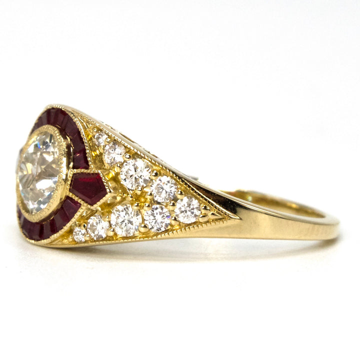 Art Deco Style European Cut Diamond Ring with Accent Rubies and Pavé Diamonds