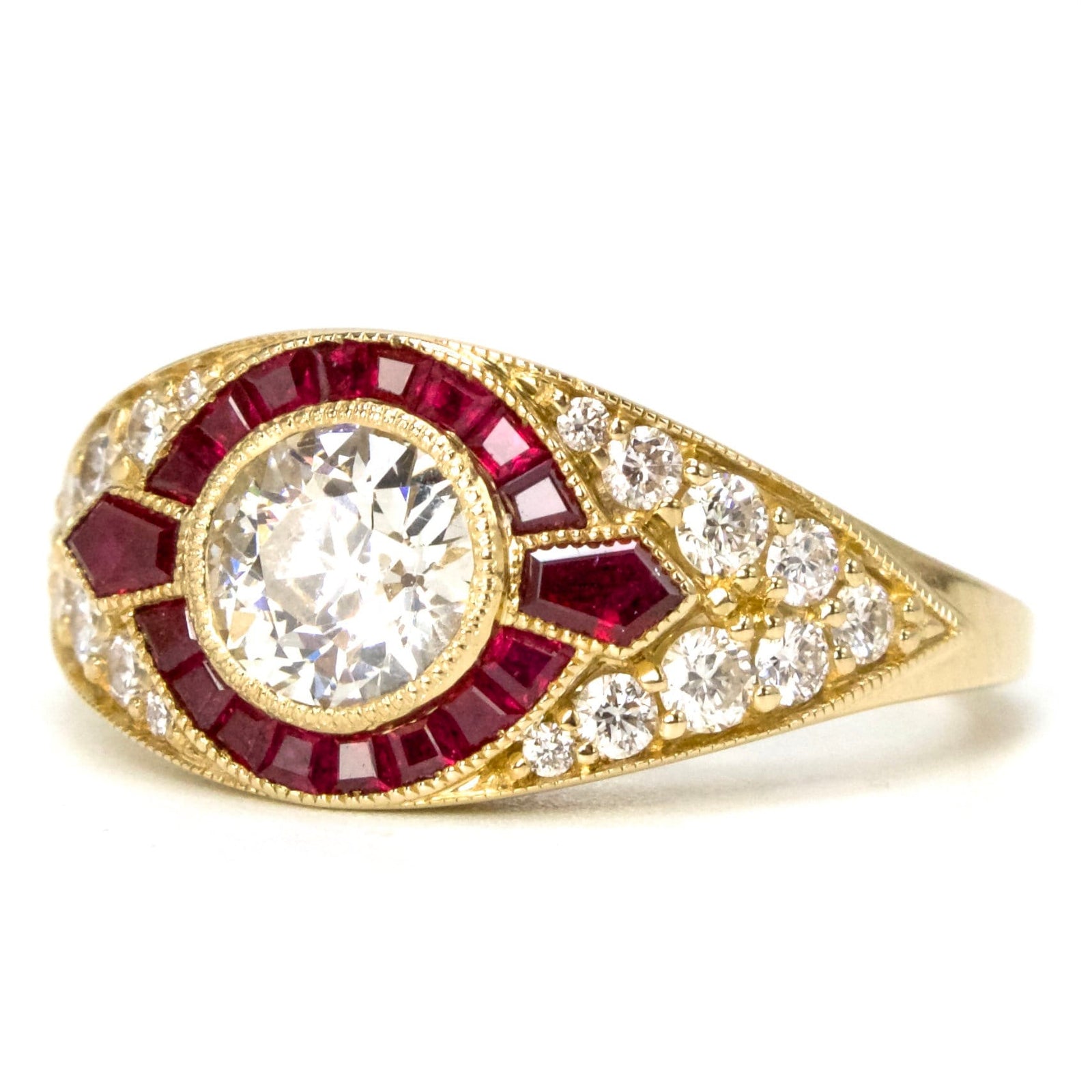 Art Deco Style European Cut Diamond Ring with Accent Rubies and Pavé Diamonds