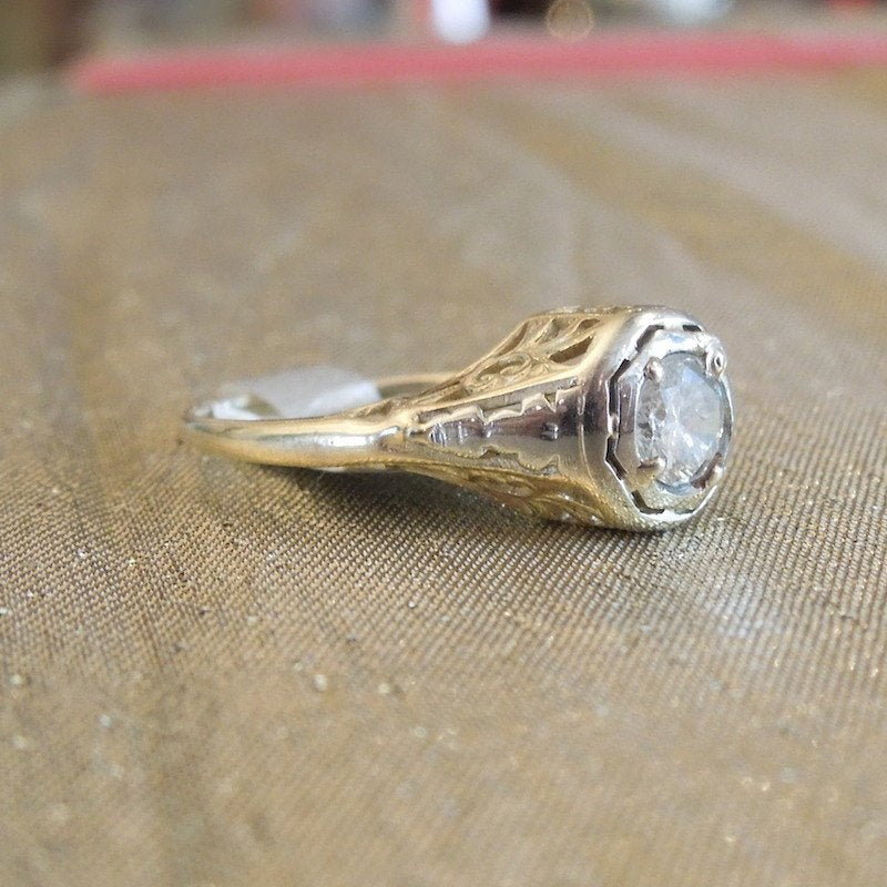 Half Carat Diamond in Yellow Gold Art Deco Mounting