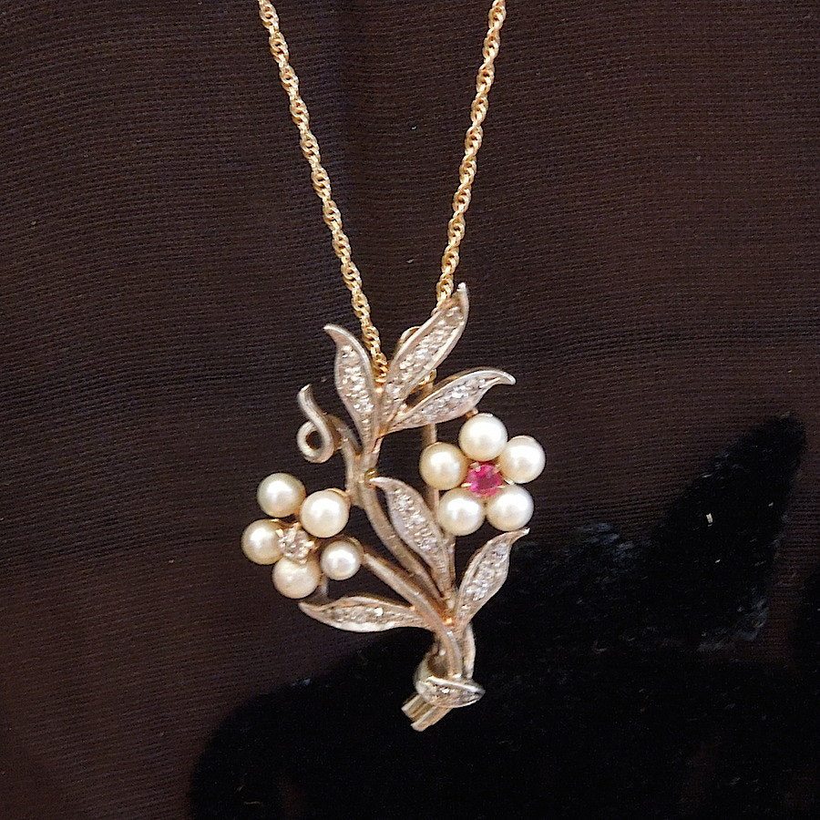 Vintage Gold, Diamond, Pearl, and Ruby Flower Pendant - Brooch