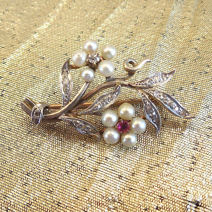 Vintage Gold, Diamond, Pearl, and Ruby Flower Pendant - Brooch