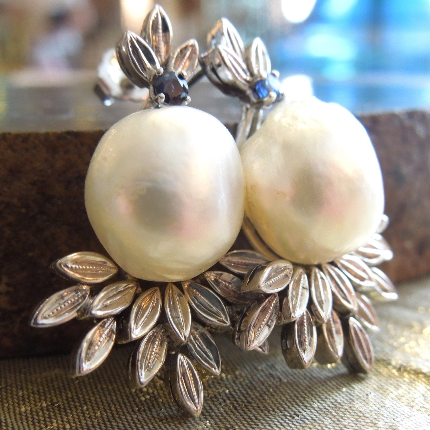 Natural South Sea Baroque Pearl Earrings in White Gold with Sapphire