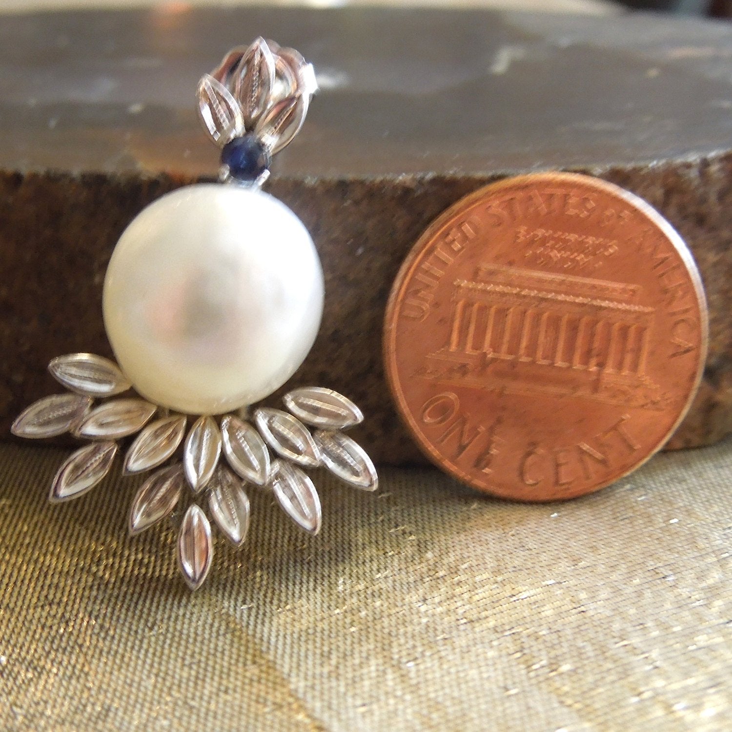 Natural South Sea Baroque Pearl Earrings in White Gold with Sapphire