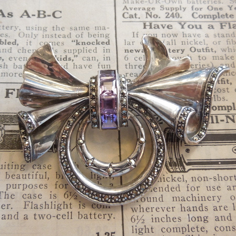 Sterling Silver Marcasite and Amethyst Bow Brooch
