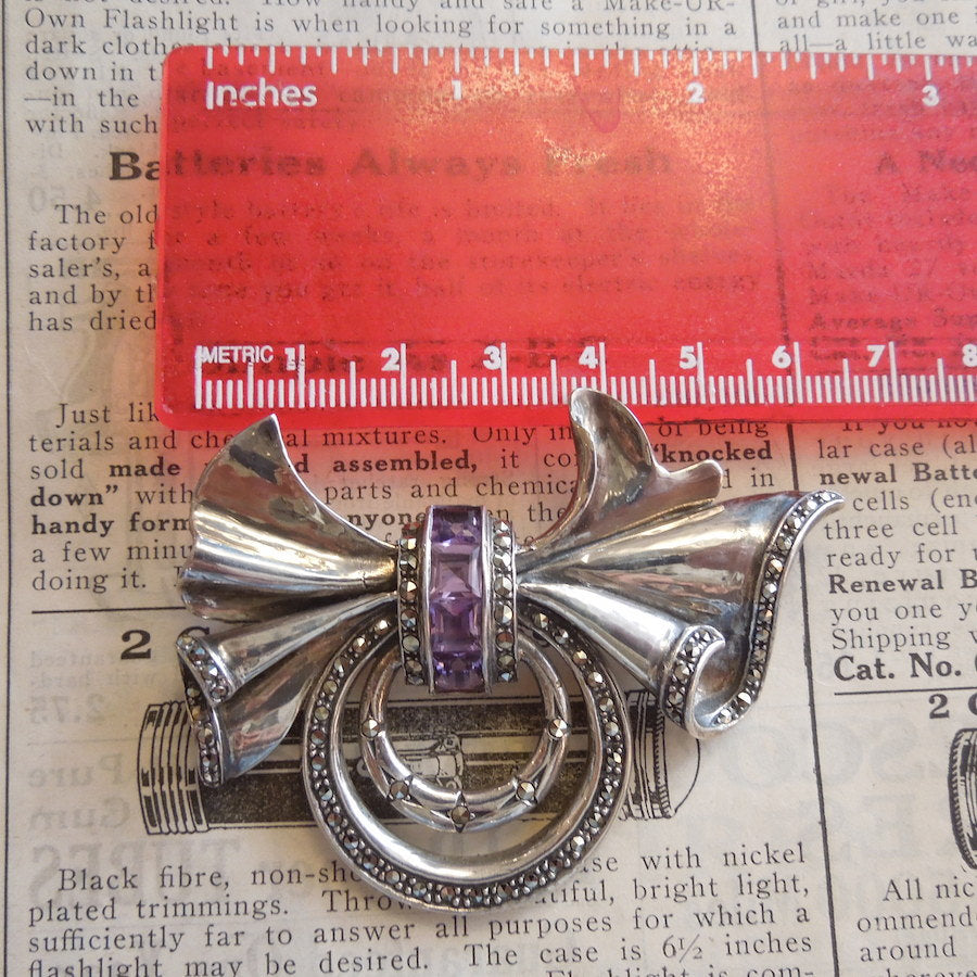 Sterling Silver Marcasite and Amethyst Bow Brooch