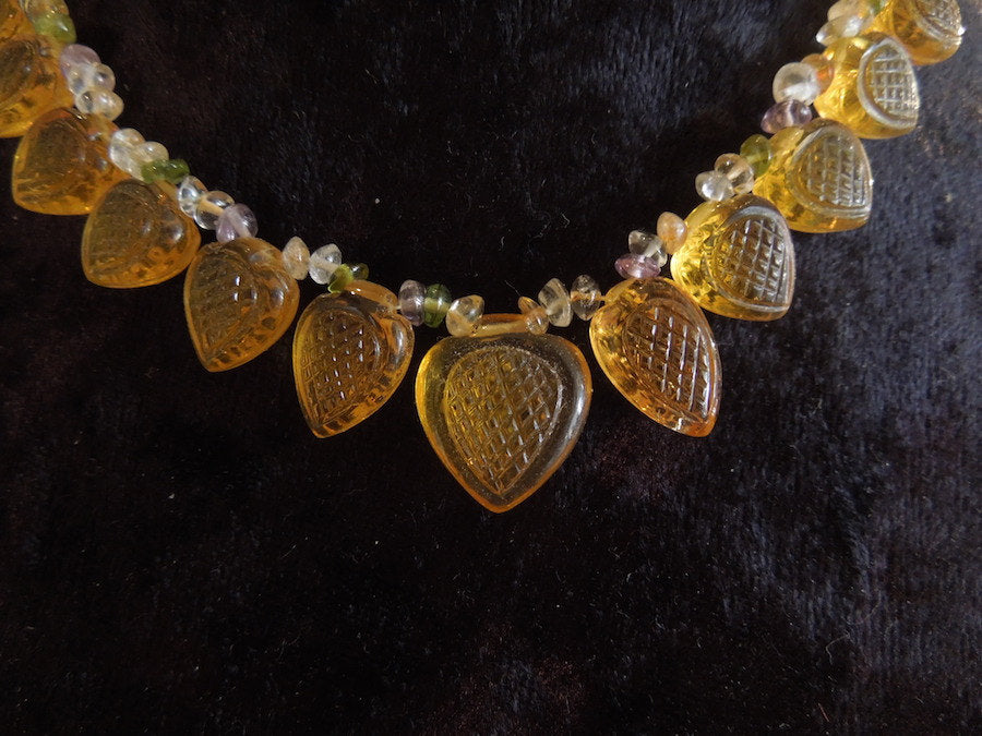Yellow Gold Carved Citrine and Semiprecious Bead Necklace