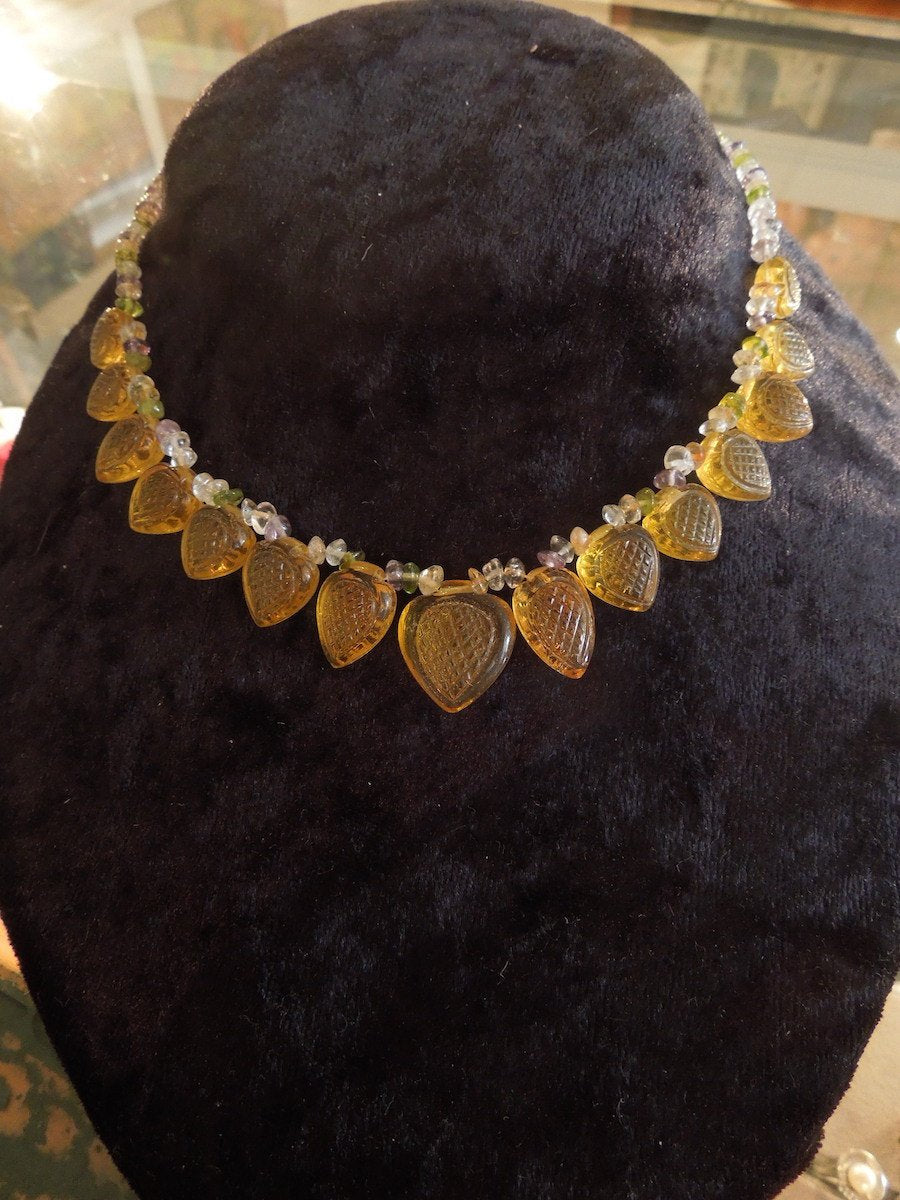 Yellow Gold Carved Citrine and Semiprecious Bead Necklace
