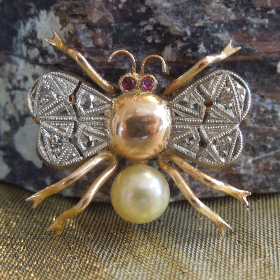 18K Bicolor Gold Bee Pendant with Rubies and Diamonds