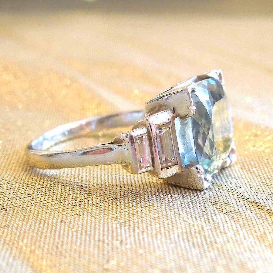 CUSTOM ORDER: Art Deco Cushion Cut Aquamarine in Platinum with Baguette Diamonds Ring