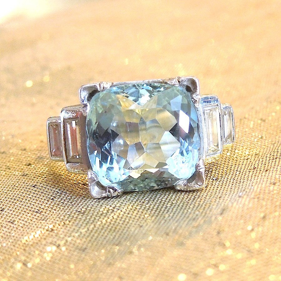 CUSTOM ORDER: Art Deco Cushion Cut Aquamarine in Platinum with Baguette Diamonds Ring