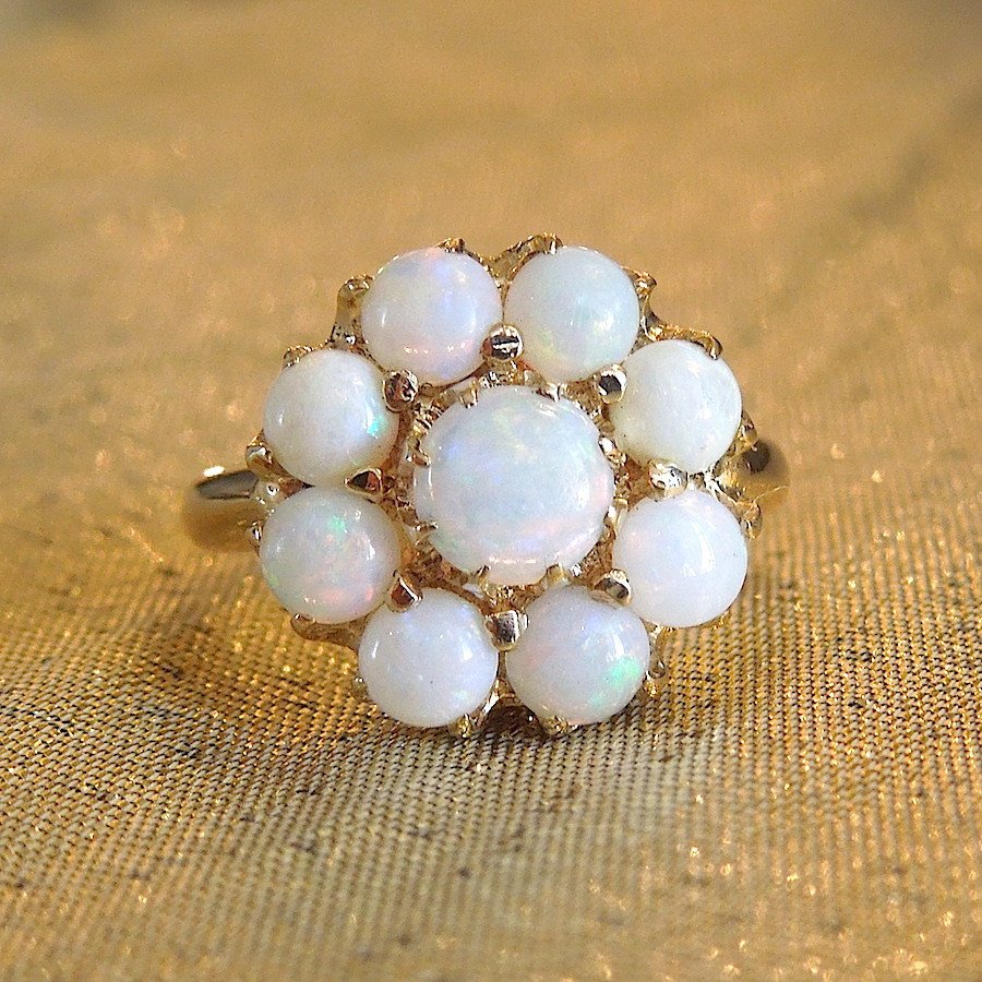 Vintage 1930s White Opal Cluster Ring in Yellow Gold