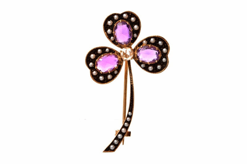 Amethyst, Pearl, and Diamond Three Leaf Clover Gold Pin Brooch