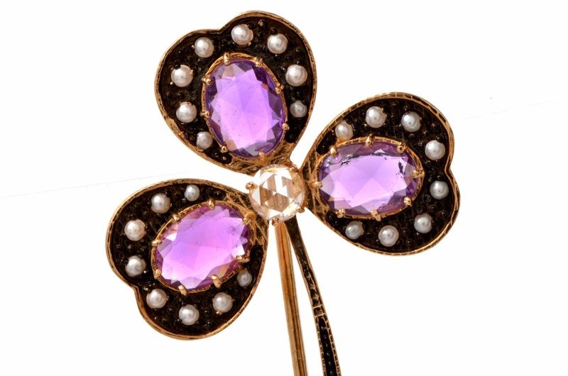 Amethyst, Pearl, and Diamond Three Leaf Clover Gold Pin Brooch