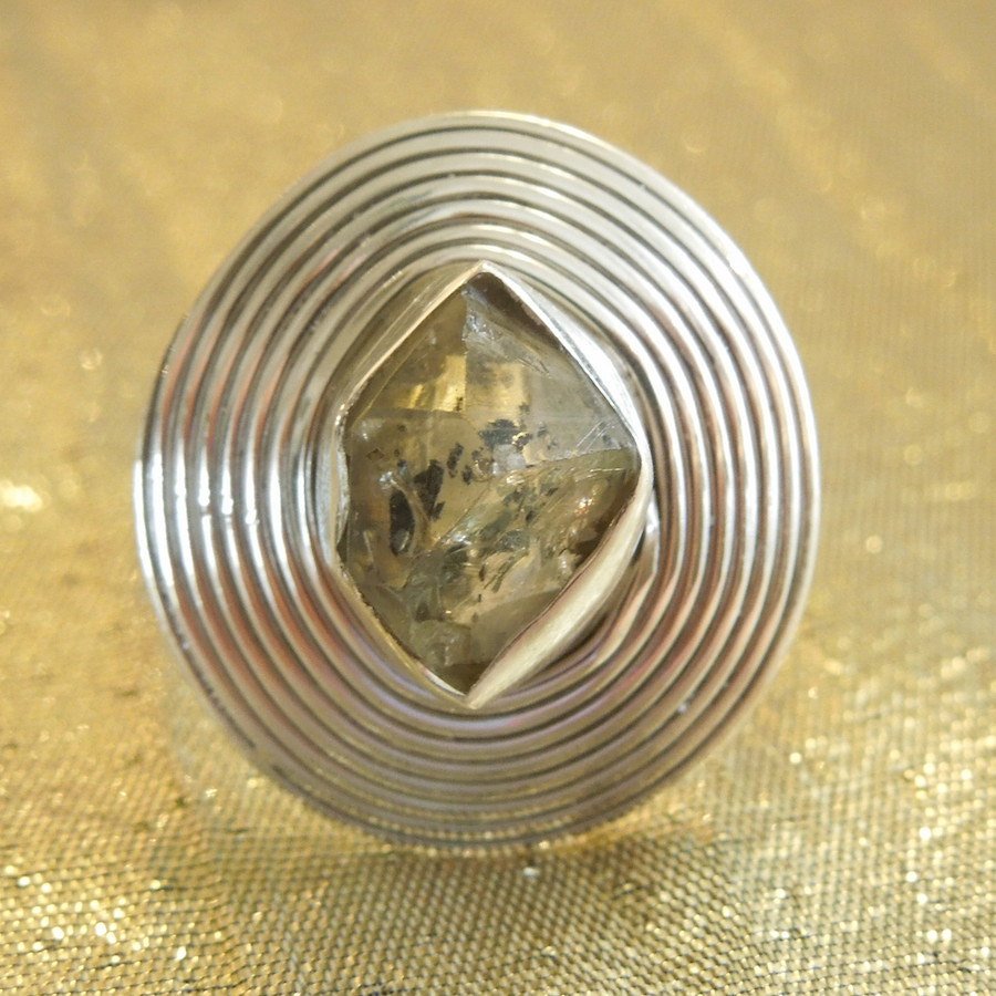 Large Sterling Silver and Herkimer Diamond Ring Disc Ring