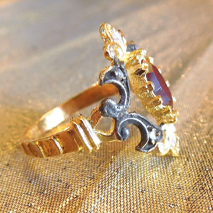Marquise Chrysoprase or Garnet Portugese/Spanish Vermeil and Sterling Silver Ring