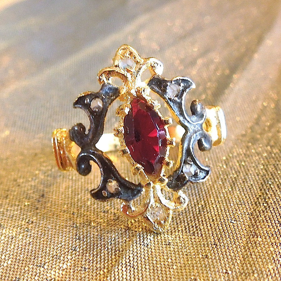 Marquise Chrysoprase or Garnet Portugese/Spanish Vermeil and Sterling Silver Ring