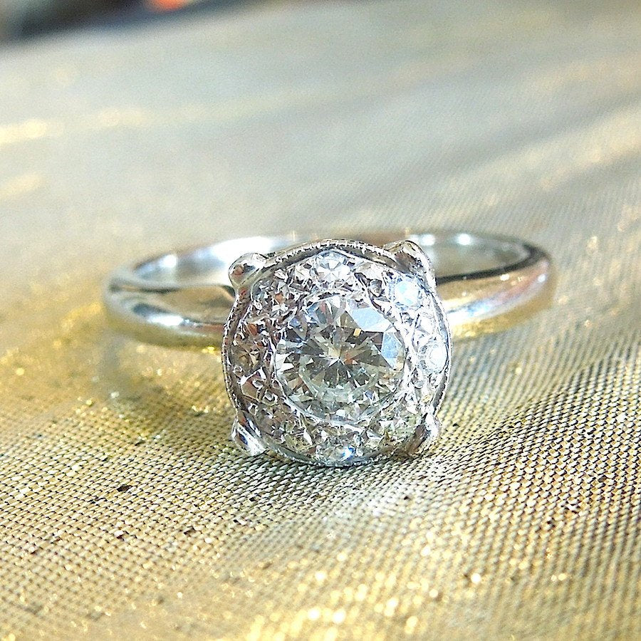 Vintage Half Carat Diamond White Gold Cluster Engagement Ring