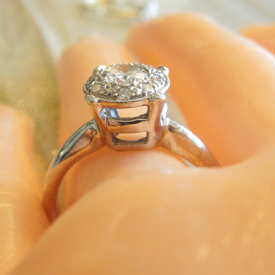 Vintage Half Carat Diamond White Gold Cluster Engagement Ring
