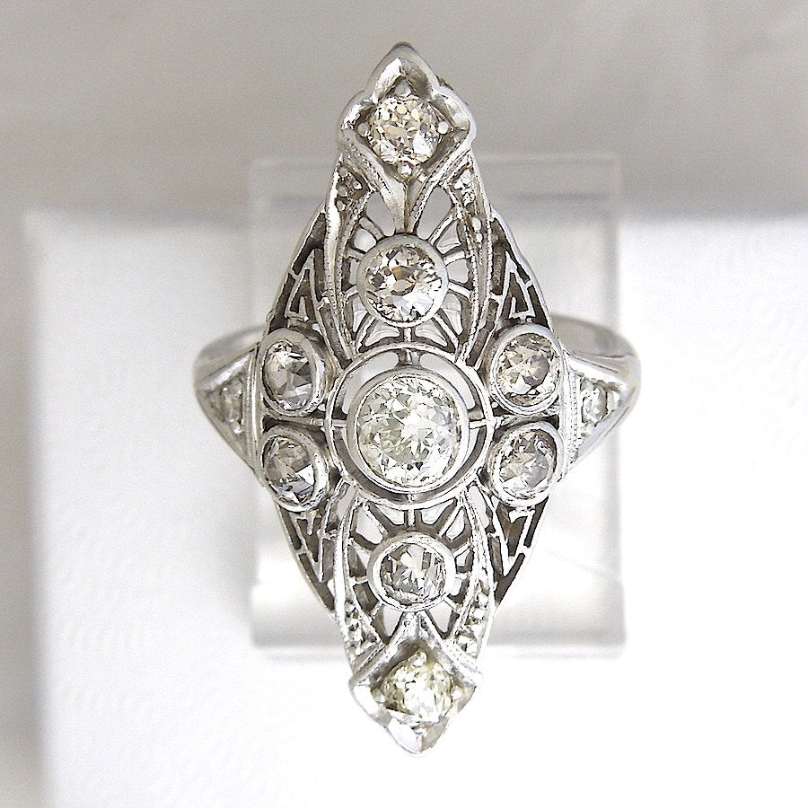 Edwardian Platinum Filigree and Diamond Navette Ring