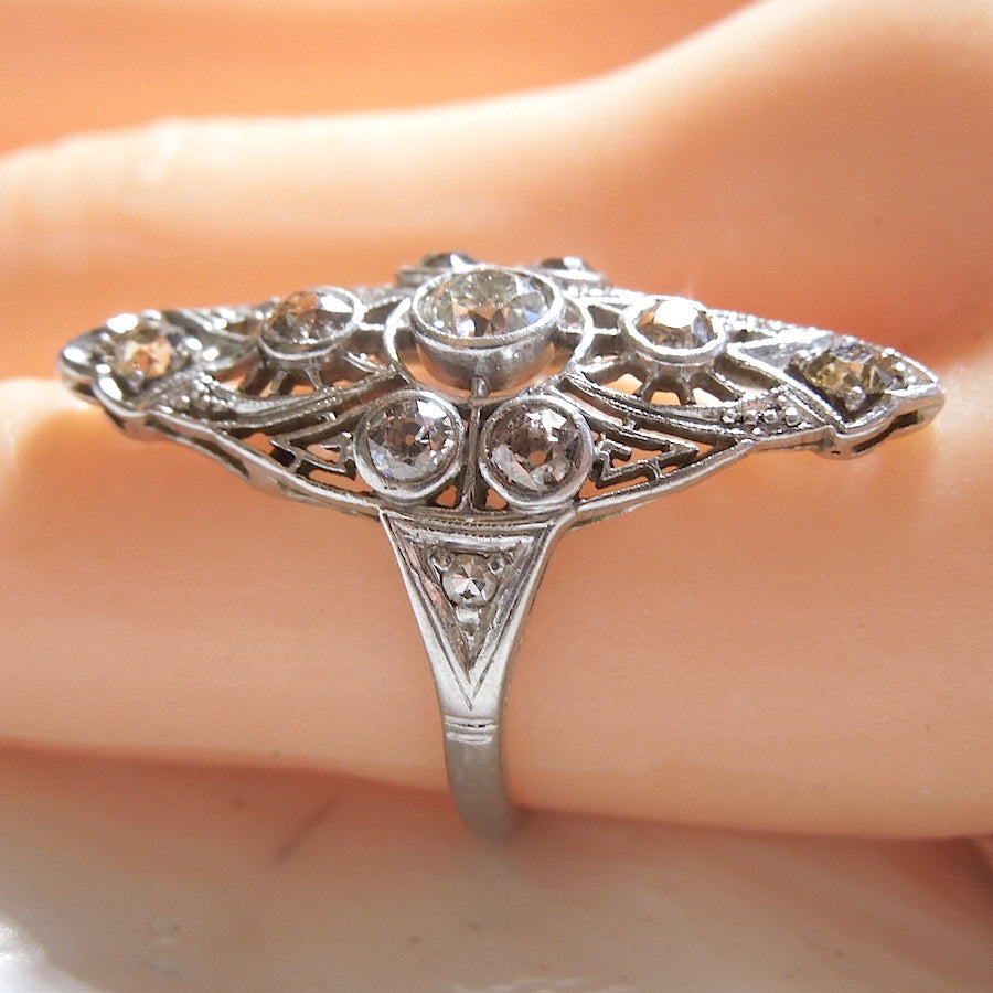 Edwardian Platinum Filigree and Diamond Navette Ring